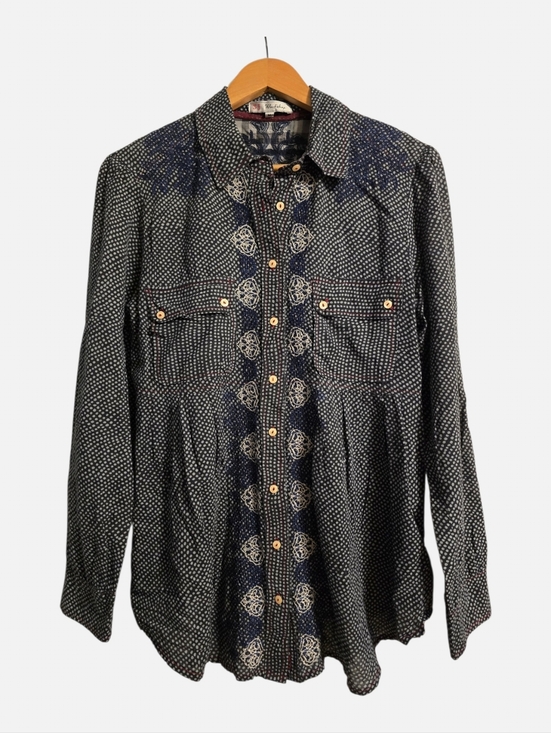 Johnny Was Tops - 3J Workshop by Johnny Was Top Blouse Medium Navy Polka-Dot Embroidered Boho-Chic